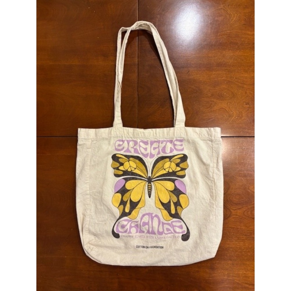 Cotton On Foundation Create Change Butterfly Canvas Tote Bag Cream Purple Yellow